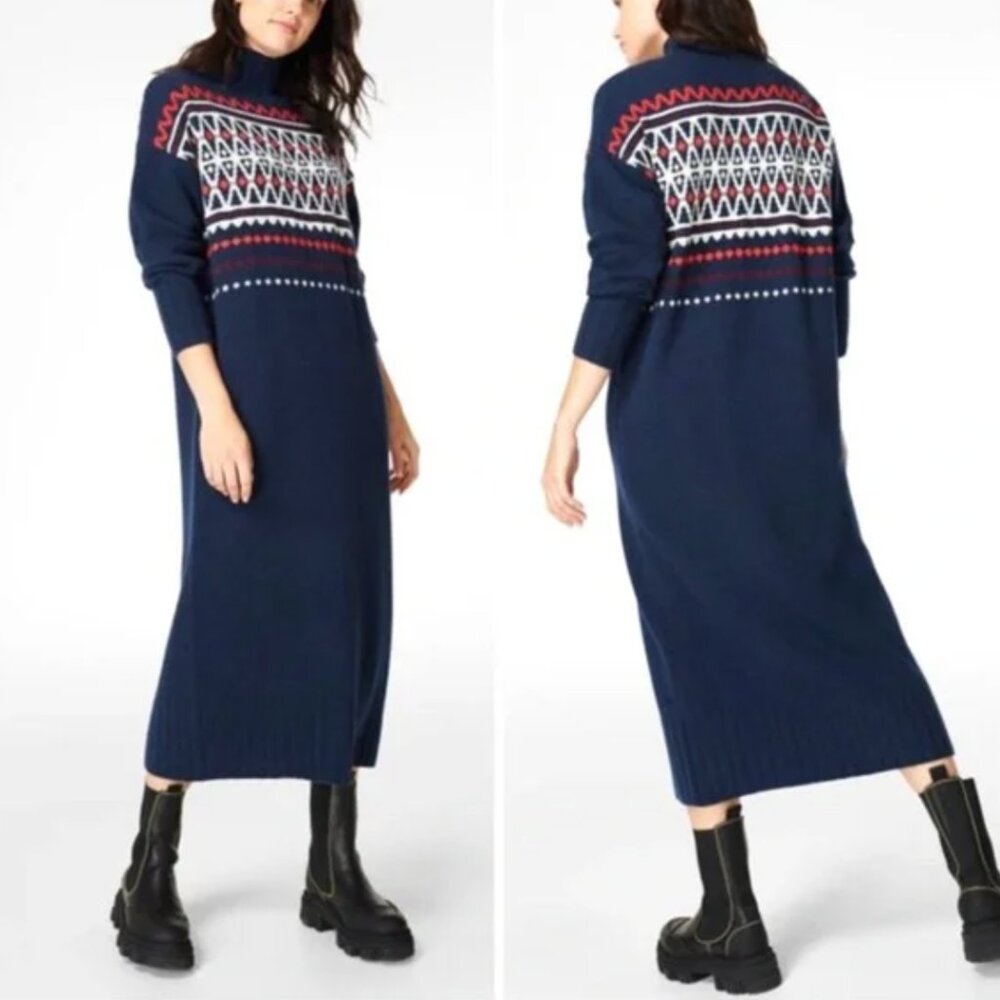 SWEATY BETTY Women's Blue Mountain Merino Yak Wool blend Fairisle Dress XL Blue